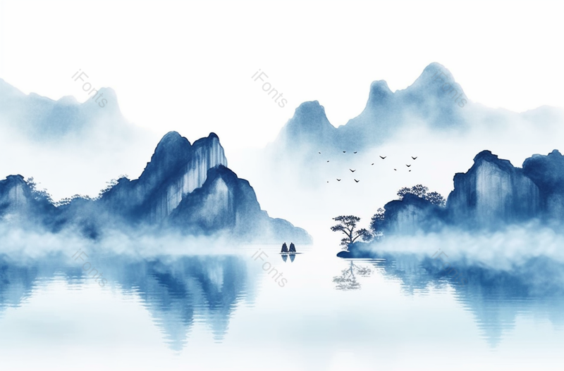 群山环绕飞鸟成群中国风蓝色水墨山水画背景,插画/手绘图,插画/手绘图库,插画/手绘图下载,插画/手绘